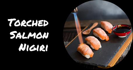 Sushi Fusion London. Japanese cuisine. Sushi rolls and poke bowls. torched salmon nigiri